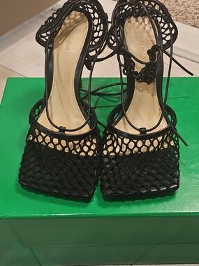 Bottega Veneta Black Woven Lace-Up Heeled Sandals